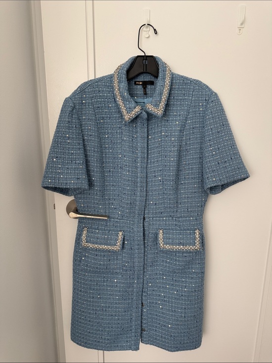 Maje Dresses & Skirts - MAJE Blue Tweed Pearl-Trim Short Sleeve Coat